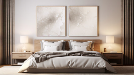Fototapeta na wymiar interior design, bedroom with bed, frames mockup