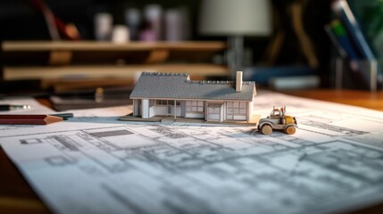 Mini modern house on blueprint layout architect concept