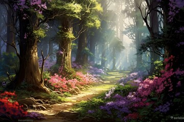 Enchanting forest, bright flowers, calm scene, lush vegetation, timeless beauty. Generative AI