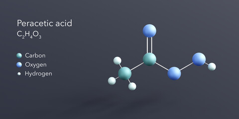 peracetic acid molecule 3d rendering, flat molecular structure with chemical formula and atoms color coding