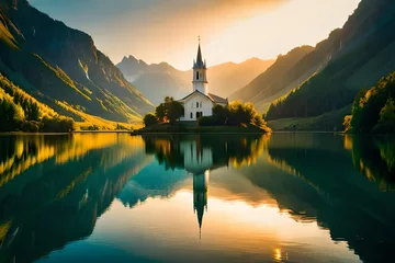 Deurstickers church surrounded by lake © Aoun