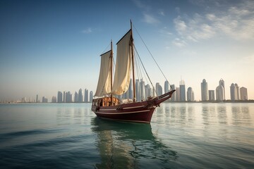 A classic sailing boat in Doha harbor with a contemporary cityscape in the background. Generative AI