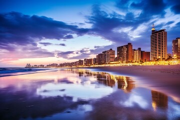 The illuminated Durban beachfront skyline under a twilight summer sky. Generative AI