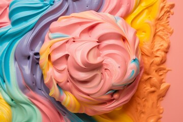 Birdseye view of blended rainbow ice cream on pink background. Generative AI