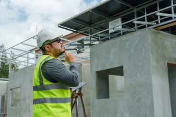 Architect checking construction plans from tablet in hand Get your home decor planned quickly. Asian man wearing a green reflective vest and safety helmet. Standing outside a house under construction.