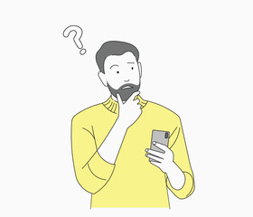 Handsome Man Use Smart Phone Hand Touch Chin Think Dream Look Empty Space Vector Image Illustration Material, Thoughtful Man Vector Illustration 