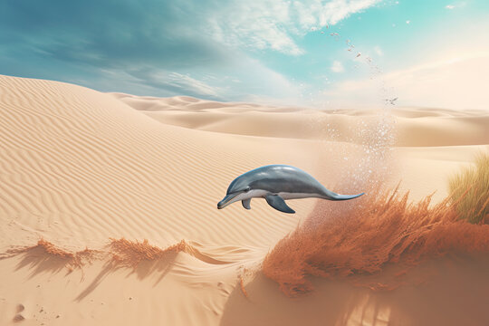 Dolphins jumping and swimming in the sand dunes of desert, Generative AI
