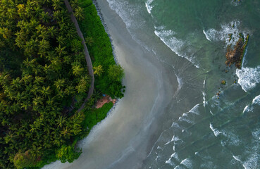 Beautiful waves crashing on the beach, tropical beach with palm trees, Aerial drone shot of Kerala beach