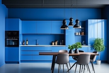 Contemporary blue kitchen space with furniture and white wall. Generative AI
