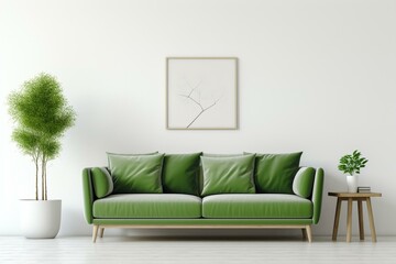 Simple and minimalistic living room with a green sofa and a table against a blank white wall. Generative AI