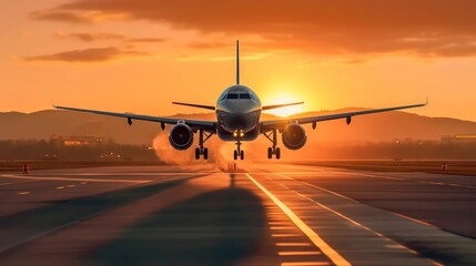 Airplane landing in sunset view - obrazy, fototapety, plakaty