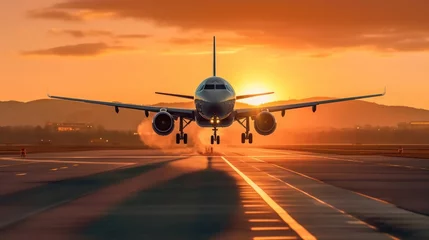 Fotobehang Airplane landing in sunset view © Thuch