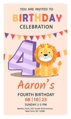 Happy fourth birthday with lion baby boy invitation card vector