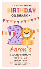 Happy second birthday with lion baby boy invitation card vector