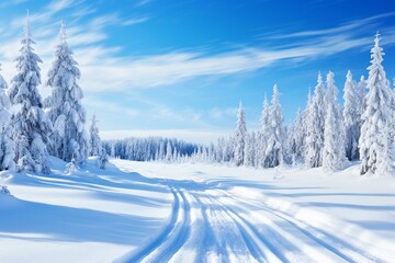Ski trail in snowy landscape under blue sky. Generative AI