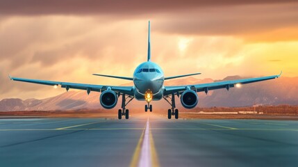 Airplanes landing at airport during sunset