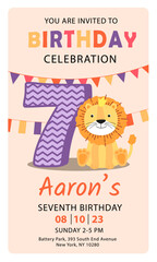 Happy seventh birthday with lion baby boy invitation card vector