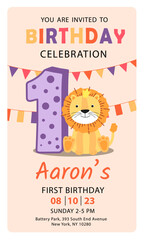 Happy first birthday with lion baby boy invitation card vector - obrazy, fototapety, plakaty