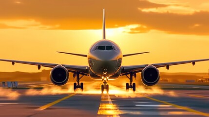 Obraz premium Airplanes landing at airport during sunset