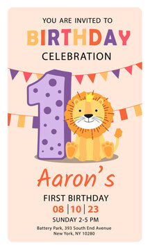 Happy first birthday with lion baby boy invitation card vector