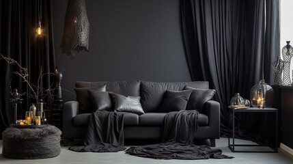 Czarny pokój z sofą zasłonami i poduszkami - obrazy, fototapety, plakaty