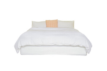 Cutout of an isolated queen size white bed with pillows with the transparent png
