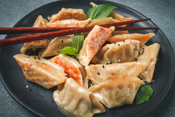 japanese fried dumplings, gyoza, sesame seeds, top view, no people,