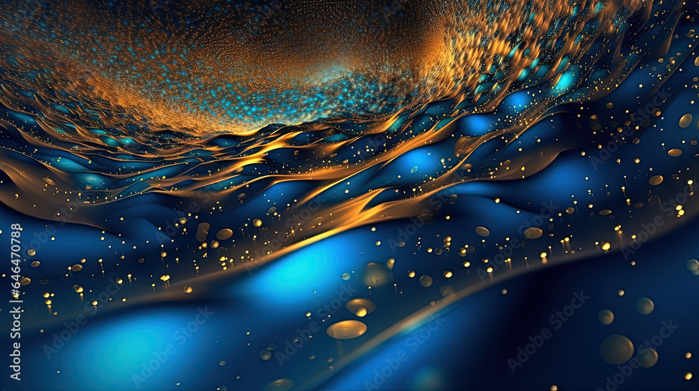 Poster abstract blue background with bokeh, sparkles and golden lights.