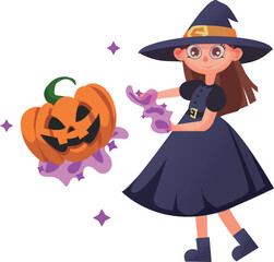 halloween witch with pumpkin the witch conjures a pumpkin, making it fly. cute flat illustration