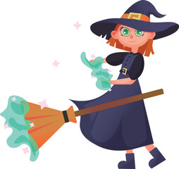 halloween witch with broom a witch conjures over her broom, a cute flat illustration