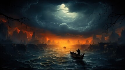 Lone sailor on a wooden boat. Dramatic Seascape.