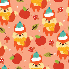 seamless pattern cartoon fox, apple and autumn vibes element. cute autumn wallpaper for holiday. design for fabric, flat design, gift wrap paper