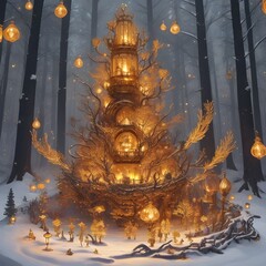 Fairy tale with golden tree and snow. Fairyland. Generative AI.
