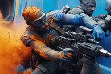 Action shot with man on the run. Dynamic scene in action movie blockbuster style. © swillklitch