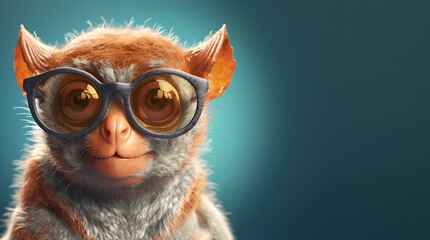 Creative animal concept. Tarsier in sunglass shade glasses isolated on solid pastel background, commercial, editorial advertisement, surreal surrealism