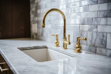 Kitchen faucet detail with cabinets, gold faucet, marble countertops, and ceramic tile backsplash. Generative AI - obrazy, fototapety, plakaty