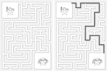 Easy little star hairdresser maze for kids with a solution in black and white