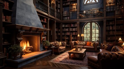 Fototapeta na wymiar A home library with floor-to-ceiling bookshelves and a cozy fireplace