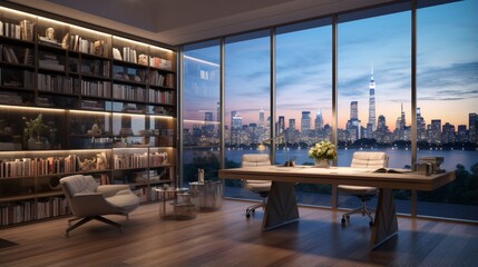 A home office with floor-to-ceiling windows and stunning cityscape views