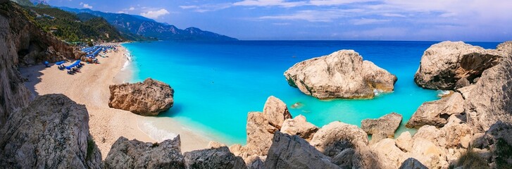 Greece best beaches of Ionian islands. Lefkada - scenic long beach Kathisma with tropical turquoise sea and white sand