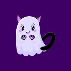 Cartoon cute Halloween kawaii ghost or devil cat kitten, vector funny character for horror holiday. Halloween night spooky ghost or devil kitty with paws and pink horns for trick or treat party