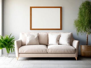 Beige fabric sofa home interior design of modern living room. Created with generative AI