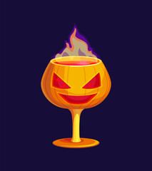 Halloween holiday party cocktail drink. Isolated vector spooky cup in shape of pumpkin face with creepy eyes and mouth, filled with bloody steaming liquid, for a hauntingly delightful holiday fun
