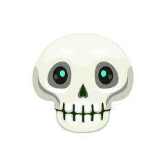 Cartoon Halloween skull emoji, isolated vector eerie dead head emoticon. Whitish-gray human cranium with green glow inside of large, black eye sockets, represents death, humor or danger