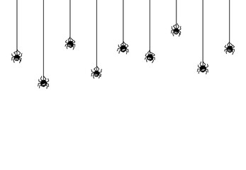 Halloween spider border with webs. Vector background of horror holiday with cute black spider insects characters hanging on cobweb or spiderweb threads. Halloween trick or treat party decoration