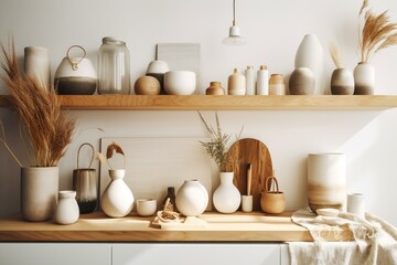 Fototapeta na wymiar Contemporary sustainable living space with white decor and arranged ceramic items on shelf. Generative AI