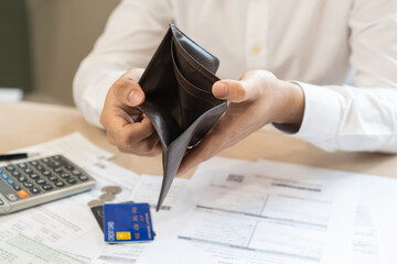 Stressed, Problem people asian man, male holding and open an empty wallet not have money, credit...