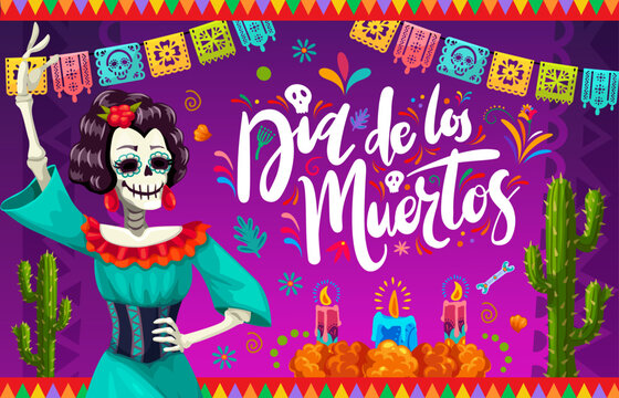 Mexican Day of the Dead holiday Catrina character and papel picado paper cut garland with candles and marigold flowers. Vector Dia De Los Muertos calavera skeleton dancer, ofrenda altar and flags