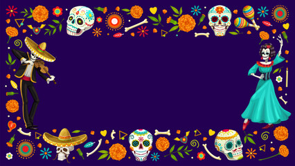 Dia De Los Muertos Day of the Dead holiday frame with cartoon sugar skulls, marigold flowers. Mexico Halloween vector characters of mariachi musician and Catrina Calavera dancer skeletons with maracas