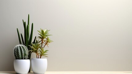 White wall with cactus houseplants in pots. White minimalistic background.